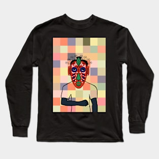 South Korea - Dark Male Character with African Mask and Pixel Background Long Sleeve T-Shirt